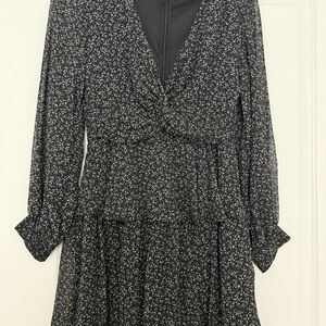 Lulu's Black Ditsy Floral Twist-Front Long Sleeve Dress